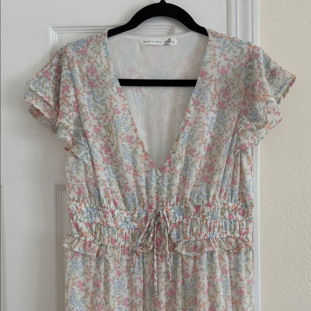 Altar'd State white floral maxi dress flutter sleeves